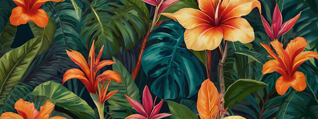 an abstract wallpaper design inspired by tropical paradise, with lush foliage, exotic flowers, and vibrant colors evoking the spirit of the tropics
