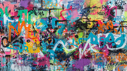 A colorful graffiti wall with a variety of writing and symbols