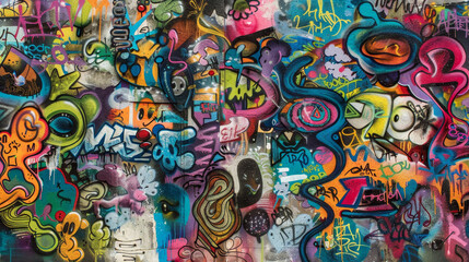 A colorful graffiti wall with a variety of shapes and letters