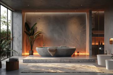 Contemporary Dubai penthouse with minimalist design featuring textured stone accents, emphasizing simplicity and tranquility. Ultra-realistic details inspire clutter-free living through thoughtful des