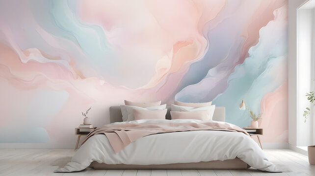 an abstract wallpaper featuring dreamy pastel colors and soft, ethereal shapes, creating a serene atmosphere for bedrooms and relaxation spaces.
