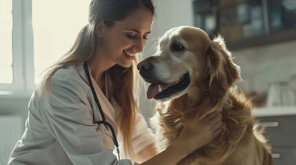 A woman is petting a dog in a veterinary clinic