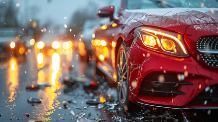 Red car involved in a traffic accident on a rainy evening, debris scattered on wet road with blurred lights in the background. Concept of road safety, danger, and accident aftermath.