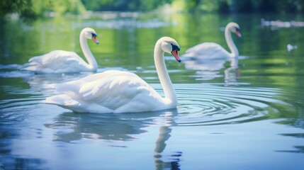 Fototapeta premium Elegant swans gracefully gliding across a calm lake, reflections in the water, a serene atmosphere.”