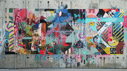 A large wall covered in graffiti with a variety of colors and shapes