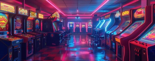 Retro arcade with vintage games and neon lights, nostalgic entertainment, lively and colorful scene, copy space for text.