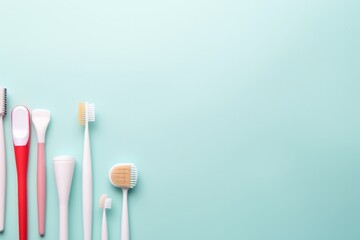 A set of dental hygiene tools including a toothbrush, floss, and dental mirror, arranged neatly on a clean surface, copy space
