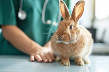 The hands of a veterinarian examine a rabbit lying on a table in a clinic. The concept for the development of veterinary clinics, treatment and care of animals.