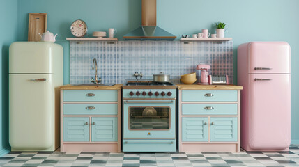 Vintage kitchen with pastel appliances and checkered floor, retro home decor, nostalgic interior, copy space for text.