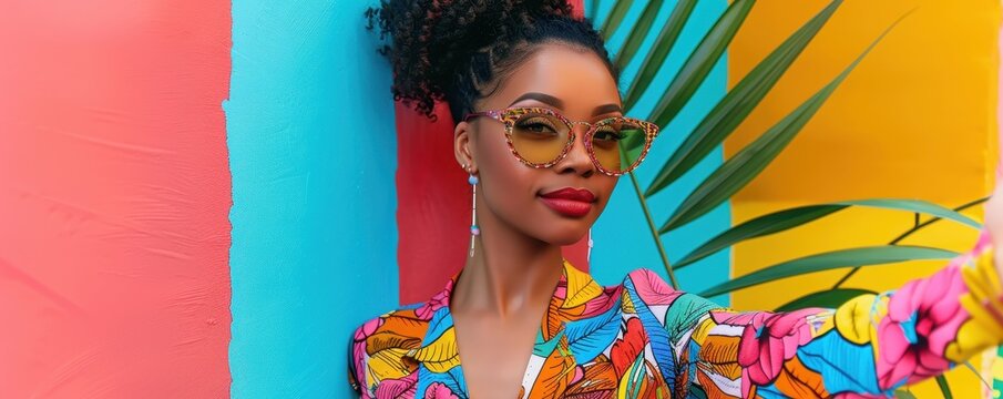 Social media influencer taking a selfie with a stylish outfit, vibrant background, trendy content creation, copy space for text.