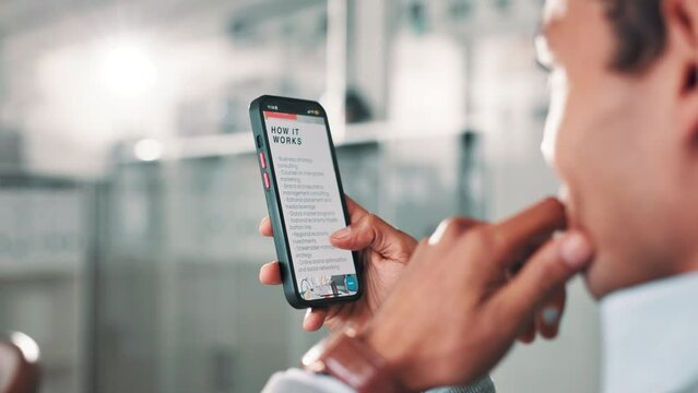 Phone screen, scroll and businessman hands in office with research information, learning or how to tutorial. Smartphone, website or investor with smart product review, article or homepage menu guide