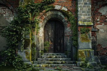 A brick building with a door that is covered in moss