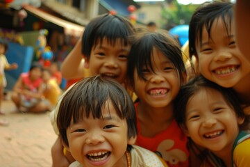 Group of asian happy children smiling in the park, Thailand.