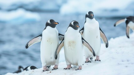 Obraz premium The penguins standing on a snowy surface near the water
