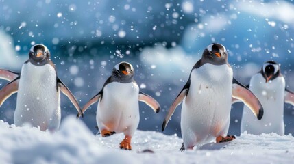 Fototapeta premium The penguins standing on a snowy surface near the water