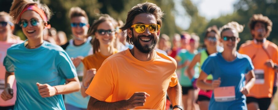 Group of friends organizing a charity run, vibrant and energetic event, community involvement, copy space for text.