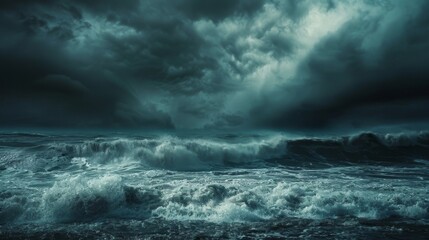 Fototapeta premium A stormy ocean with large waves crashing against the shore