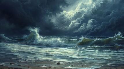 A stormy ocean with large waves crashing against the shore