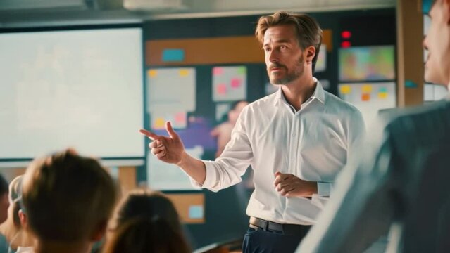 Confident teacher delivering a dynamic lesson, using technology and creative teaching methods to inspire and empower students.