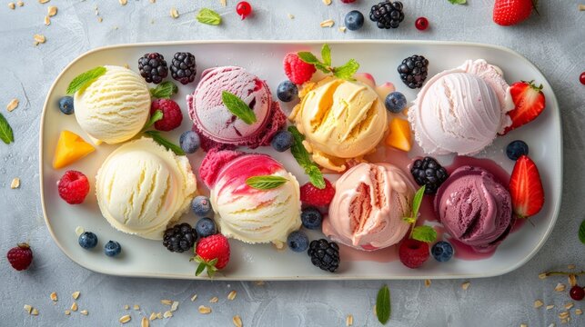 An overhead shot of a stylish dessert setup with different ice cream flavors, each topped with fresh berries, tropical fruit, and sorbet, placed on a chic ceramic platter