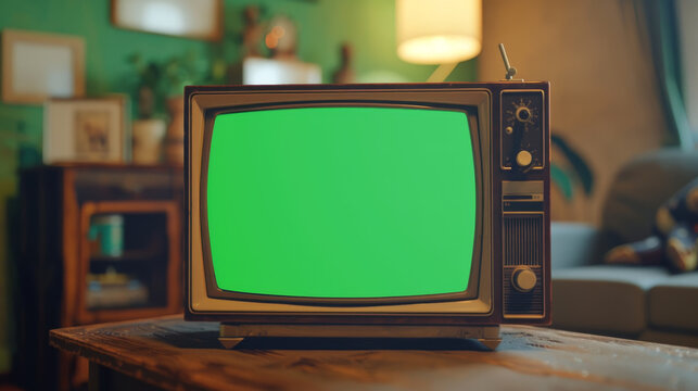 A green screen television is sitting on a wooden table