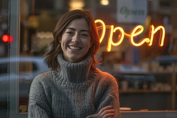 Smiling woman in a cozy, thick, grey turtleneck sweater standing in front of a cafe or shop window with a warm glowing "Open" neon sign.