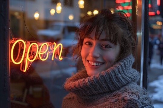 Smiling woman in a cozy, thick, grey turtleneck sweater standing in front of a cafe or shop window with a warm glowing "Open" neon sign. - Powered by Adobe