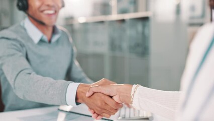 Businessman, consultant and handshake with client for agreement, b2b or deal together at office. Closeup of man or agent shaking hands in call center for meeting, greeting or thank you at workplace