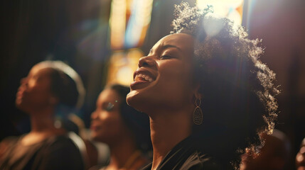 A woman with curly hair is smiling and laughing while sitting in a church