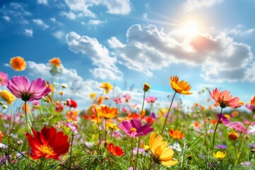 A field of flowers with a bright blue sky in the background