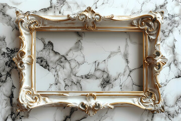 Vintage Rectangular Elegant Metal Photo Frame With Ornament for Web Presentation Horizontal Border in Oriental Style on Marble Wall Texture, Copy Space for Text, Landscape