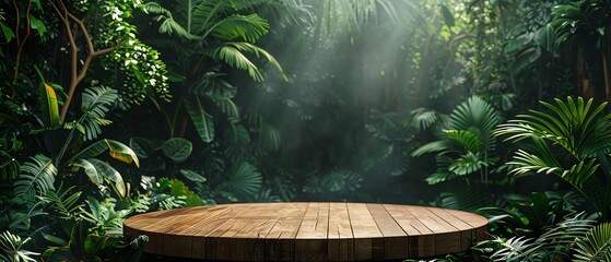 A round wooden podium centered in a vibrant jungle setting with lush greenery, creating an exotic backdrop for product showcasing © Creative_Bringer