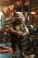 Anthropomorphic pig in gym attire, weightlifting equipment in background