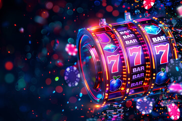 A slot machine with a blue apple and a blue bar