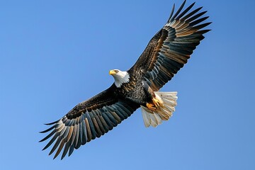 Obraz premium A low-angle shot of a bald eagle soaring in a bright blue sky, Generative AI.