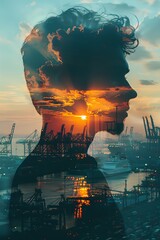 Fototapeta premium Silhouette against a backdrop of port cranes and cityscape, double exposure effect, twilight
