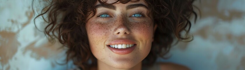 Fototapeta premium Woman with curly hair, bright smile, soft lighting, studio background, closeup