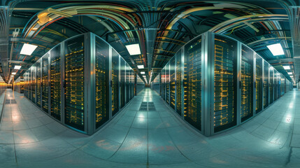 A 3D view of a large computer room with rows of servers