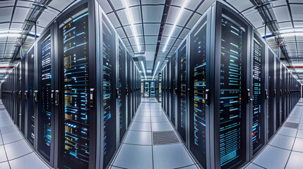 A computer server room with rows of servers