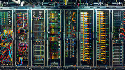 A row of computer servers with cables hanging out of them
