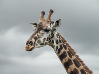 A close-up of a giraffe's head and neck with a cloudy sky in the background, showcasing its unique spots and long neck.