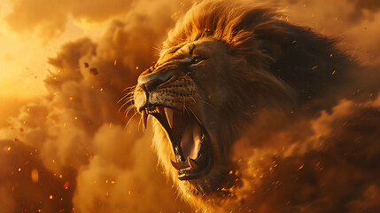 A powerful male lion roaring loudly to assert dominance over his territory, dust rising around him