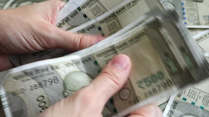Woman's hands counting brand new indian 500 rupees banknotes.