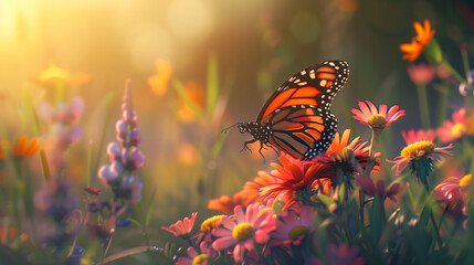 A vibrant monarch butterfly perched delicately on a colorful bouquet of wildflowers, soaking up the sunlight