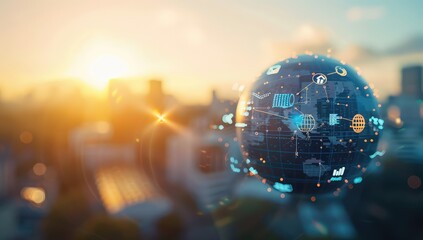 An illustration of a globe with glowing regions, indicating global business expansion