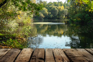 A wooden board with a view of a lake and trees