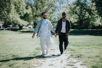 A young, multiracial gay couple holding hands, walking joyfully through a sunlit park, showcasing love and happiness.