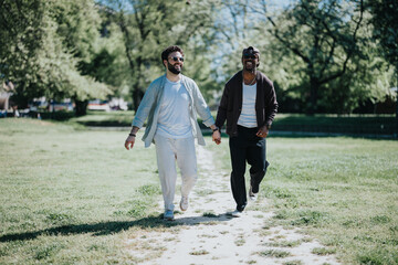 A young, multiracial gay couple holding hands, walking joyfully through a sunlit park, showcasing...