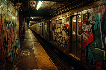 A subway train with graffiti on it is parked in a tunnel