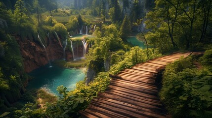 A beautiful wooden path winding through dense forest, leading to a breathtaking vista of interconnected lakes and cascading falls